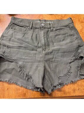 American Eagle Women's 10 Denim Shorts Highest Rise Mom Short Green Distressed